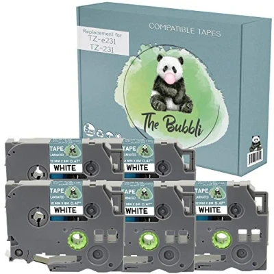 Image of The Bubbli Original TZe 231 TZ Black on White Compatible Laminated Label Tapes for Brother P Touch PT 1000 H100 D210VP D400 D600VP P700 P750W Cube (12mm x 8m 5 Pack)