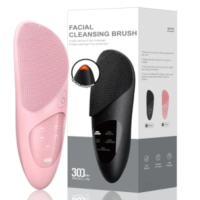Image of Facial Cleansing Brush Silicone Face Massager Exfoliator with for All Skin Types and Waterproof Sonic Vibrating Scrubber Deep Cleansing, Exfoliating Eye Massaging Pink