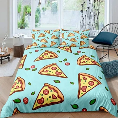 Image of Kids Cartoon Pizza Bedding Set Teens Modern Boho Comforter Cover for Adult Soft Green Yellow Duvet Bedspread Room Decor Single Size