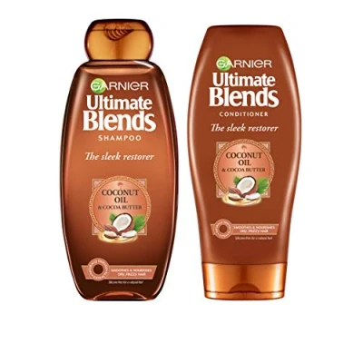Image of Garnier Ultimate Blends Shampoo &amp; Conditioner Set Sleek Restorer With Coconut Oil Cocoa Butter Smoothing for Sleek, Smooth, Frizz Free Hair 360 ml