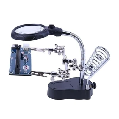 Image of Soldering Helping Hands Magnifier Station for Soldering, Assembly, Repair,Modeling, Hobbies and Crafts, 2.5X/12X Magnifying Glass Stand with 2 LED Light, Clamp Alligator Clips (Plastic)