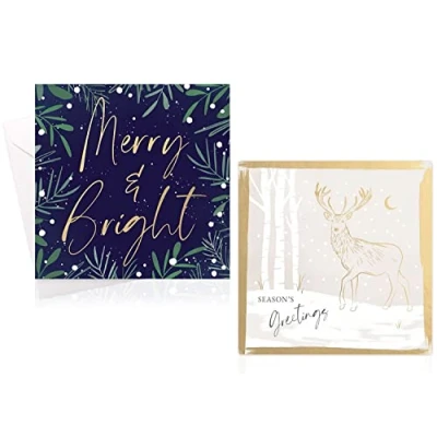 Image of Traditional Elegant Festive Merry and Bright Reindeer Christmas Cards Assorted Theme 20 in 2 Designs &amp; Envelopes
