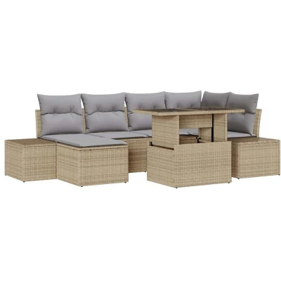 Image of vidaXL 7 Piece Garden Dining Set with Cushions in Beige Poly Rattan
