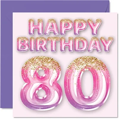 Image of 80th Birthday Card for Women Pink &amp; Purple Glitter Balloons Happy Cards 80 Year Old Woman Mum Great Nanny Grandma Gran, 145mm x Eighty Eightieth Bday Greeting Gift