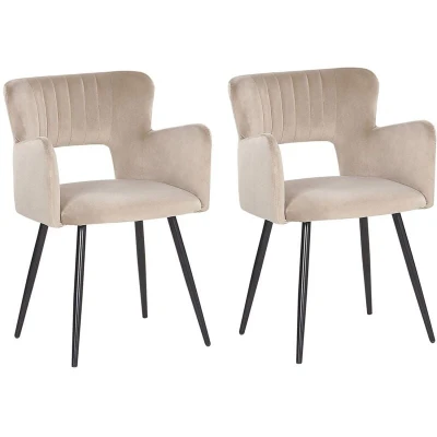 Image of Set of 2 Modern Dining Chairs Velvet Seat with Armrests Tufted Back Taupe Sanilac