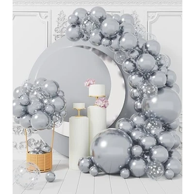 Image of Metallic Silver Balloon Arch Kit: 100 Pcs Party Balloons Garland Kit Different Sizes with Grey Confetti Latex Ribbons Dusty for Birthday Wedding Graduation Bachelorette Decoration