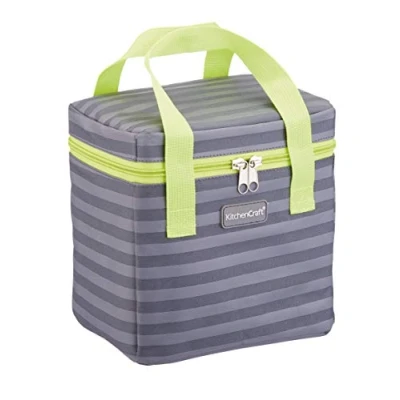 Image of KitchenCraft Small Lunch Cool Bag, 4.9 L (1 gal) Striped Grey/Lime, Fabric, Multi Colour, 14 x 20 cm