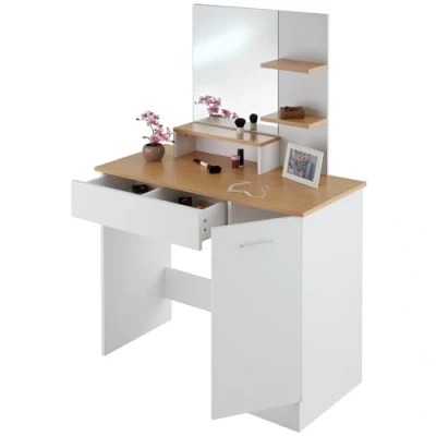 Image of TecTake® Modern Dressing Table with Large Vanity Mirror, Divided Drawer, 3 Open Shelves, Side Compartment, Scratch Resistant Surface &amp; Easy Assembly Desk for Bedroom Furniture White/Brown