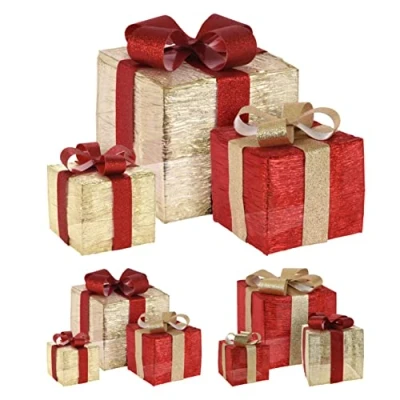 Image of Carousel Home Set Of 3 LED Light Up Boxes Piece Red &amp; Gold Xmas Gift Christmas Parcels Decorations