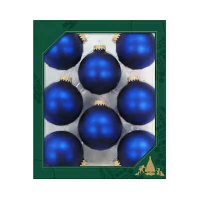 Image of Original Lauschaer Christmas Tree Decorations Set of 8 Baubles Plain Matte Satin Royal Blue, 6.7 cm, with Golden Crown + 50 Quick Hangers in Gold