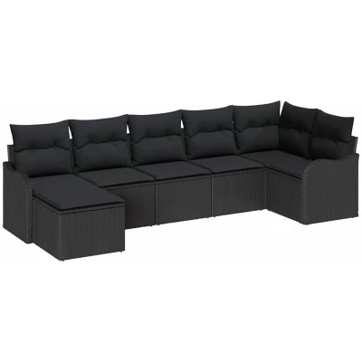 Image of vidaXL 7 Piece Garden Sofa Set with Cushions Black Poly Rattan