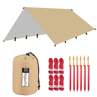 Image of Hipier Camping Tent Tarp 3 * 4 m Portable Lightweight Waterproof Windproof Snowproof Tarpaulin Shelter Sunshade Canopy Hammock Rain Fly for Outdoor Travel Fishing Hiking Beach (Khaki)