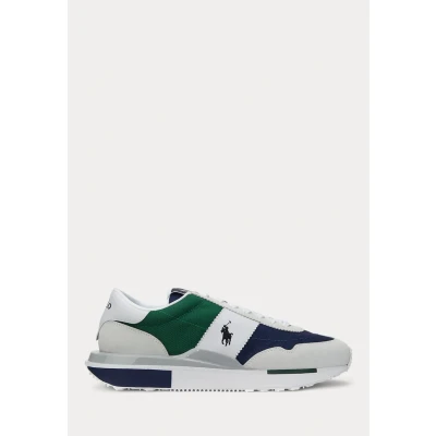 Image of Polo Ralph Lauren Train 89 Suede &amp; Oxford Sneaker Unisex Trainers, Size: 3, Bianco/navy/green Leather and textile