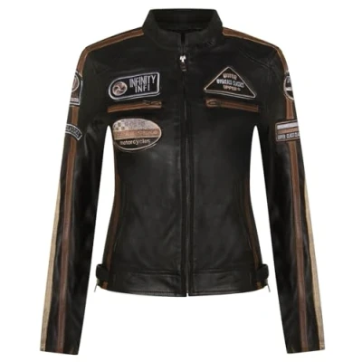 Image of Womens Black Leather Biker Casual Racing Moto Badges Jacket