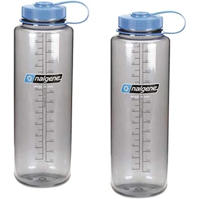 Image of Nalgene Silo 48oz Tritan Grey W/Blue Top Wide Mouth Bottle, 2 Bottle Pack, 11.3 Inches Tall by 3.5 in Diameter