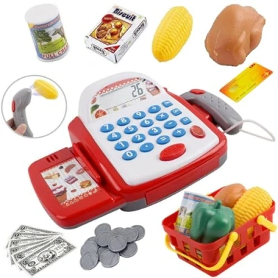 Image of Kids Electronic Cash Register Toy Working Scan Till Play Food Shopping Basket