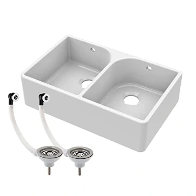 Image of 795mm Double Bowl Fireclay Butler Kitchen Sink Full Weir, Overflows &amp; Wastes