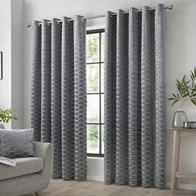 Image of Curtina Luxury Dark Silver Curtains W66 x L72 (168 183cm) Grey Geometric Eyelet in Charcoal Jacquard &amp; Drapes for Bedroom/Living Room Leaf