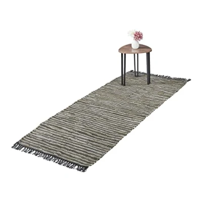 Image of Relaxdays Boho Runner Rug, Cotton and Leather, Non Slip, Hand Woven, with Tassels, Hallway, Kitchen, 80 x 200 cm, Green, 90% 10%