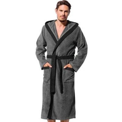 Image of Morgenstern Cadiz Salamanca Men&#039;s Hooded Terry Towelling Bathrobe 100% Cotton Long, Grey black grey, M