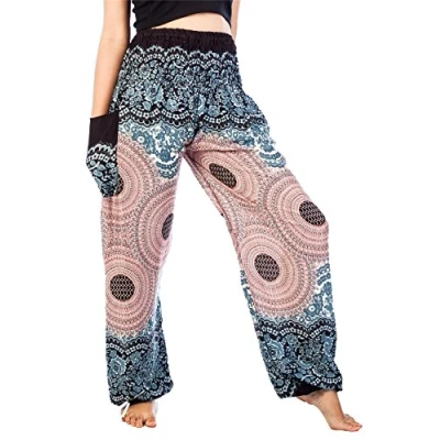 Image of Lofbaz Harem Pants for Women Hippie Boho Festival Clothing Bohemian Trousers Yoga Beach Summer Smocked Waist with Pockets Rose 1 White S