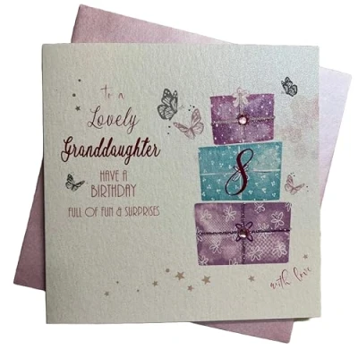 Image of WHITE COTTON CARDS Granddaughter 8 Happy, Handmade 8th Birthday Card (Pink Present)