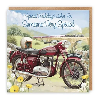 Image of Hunts England Someone Very Special Vintage Motorbike Birthday Card For Him Steam Train Countryside Classic Motorcycle Milo&#039;s Gallery Collection