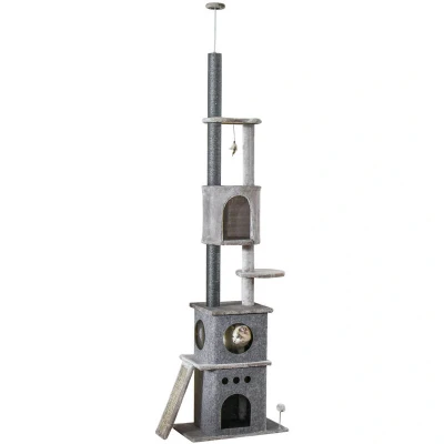 Image of PawHut 255cm Floor To Ceiling Cat Tree for Indoor Cats Climber Scratching Post Adjustable Height Play Tower Removable Cover Grey