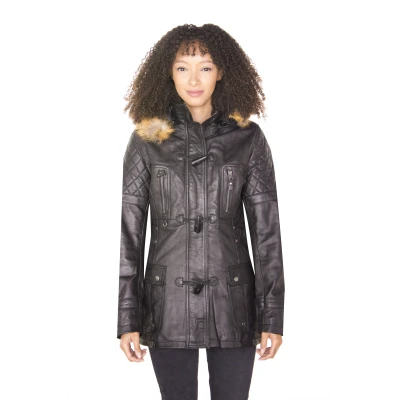 Image of Women&#039;s Black Quilted Leather Parka Jacket with Detachable Hood S