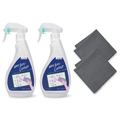Image of loukin Non Toxic Whiteboard Cleaner, 17oz Dry Erase Board Low Odor Cleaning Spray with Cloths, Removes Stubborn Marks from Whiteboards, Chalkboard (2 Pack)