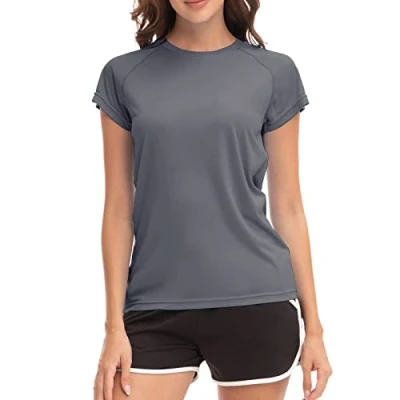 Image of MEETWEE Swim Shirts for Women, Short Sleeve T Shirt Athletic Casual Tops Quick Dry UPF 50+ Running Surfing Workout Yoga Sun Tee Gray