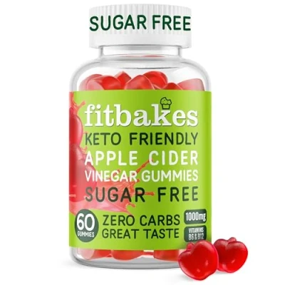 Image of Fitbakes : Sugar Free Keto Apple Cider Vinegar Gummies with Mother, Vitamin B12 &amp; Folic Acid, 60 ACV Gummies, 1000mg Per 2 Acetic Acid The Mother