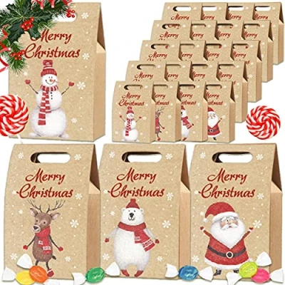 Image of Christmas Gift Bags with Handle Kraft Paper Candy Bag, Xmas Sweet Treat Party Bags, Cookie Pouch Goody Fillers for Presents and Stuffers 24PCS