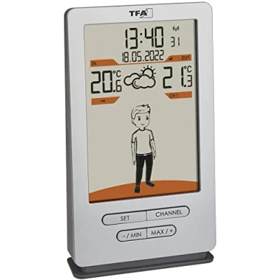 Image of TFA Dostmann Weather Jack Wireless Station 35.1166.54, Outdoor and Indoor Temperature, Forecast, with Clothing Suggestions, Radio Clock, Silver, 146 x 82 27 (47) mm