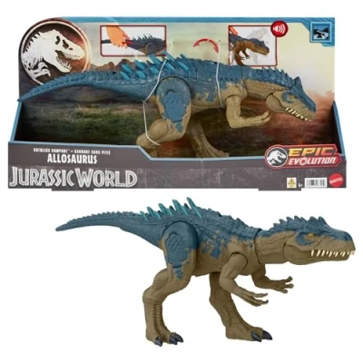 Image of Mattel Jurassic World Ruthless Rampagin Allosaurus Dinosaur Toy, Action Figure with Continuous Chomp Attack &amp; Roar Sounds, Button Activated Evolved Battle Spikes, HRX51