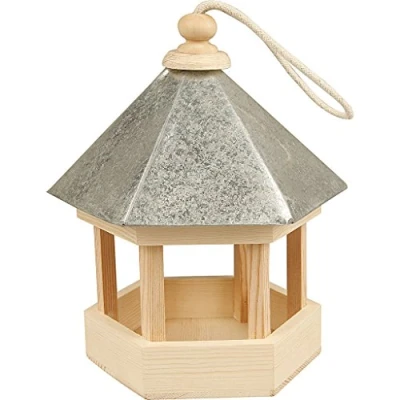 Image of Creativ 577300 22 x 18 16.5 cm 1 Piece Wooden Hexagonal Bird Table with Zinc Roof Pine
