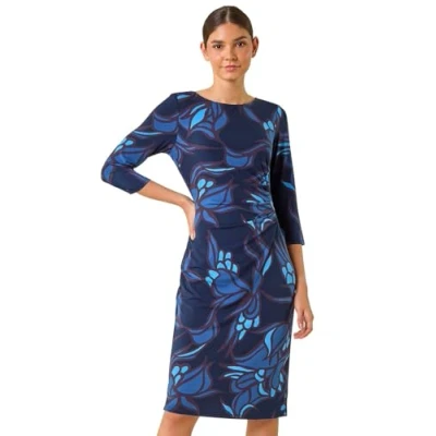 Image of Roman Originals Ruched Waist Dress for Women UK Ladies Side Pleat Winter Autumn Textured Fitted Shift Pencil Smart Lined Stretchy Jersey Work Knee Length Round Neck Blue Noir Size 16