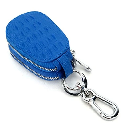 Image of Esdrem Unisex Genuine Leather Key Case Holder Double Zipper Car Keychain Wallet Coin Purse (Blue Gourd Shape)