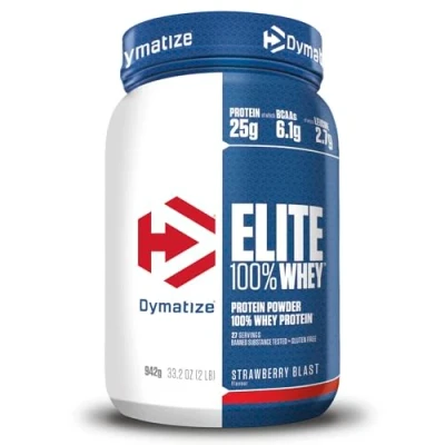 Image of Dymatize Elite 100 Percent Whey Strawberry Blast 942g High Protein Low Sugar Powder + and BCAAs