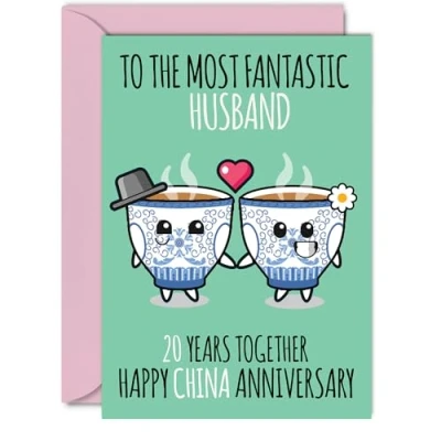 Image of Cute China Anniversary Card for Husband 20 Years Together Happy 20th Wedding Cards from Wife, A5 Greeting Twentieth Anniversaries