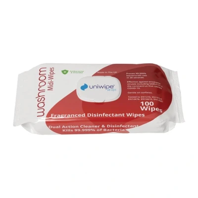 Image of Uniwipe Washroom Wipes Antibacterial Fragranced Sanitising kills 99.999% of germs (100 Pack), Red Zone, 22x20cm