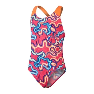Image of Speedo Girls Allover SPLASHBACK Swimsuit Electric Pink/Cobalt POP/Lemon Drizzle/Marine Blue/Volcanic Orange Size 15 16