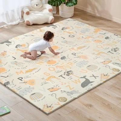 Image of Sour Lemon 200x180cm Folding Wildlife Mat, Thick Padded Baby Crawl Play Foldable Kids Playmat, Large Activity Non Slip, Waterproof, Double Sided Playpen Mat
