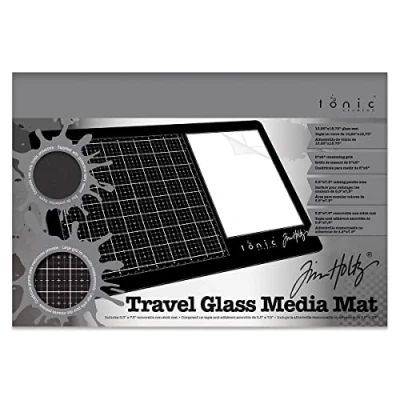 Image of Tim Holtz Travel Glass Cutting Mat Portable Work Surface with 8&quot; x Measuring Grid and Mixed Media Palette Art Supplies Carry Bag