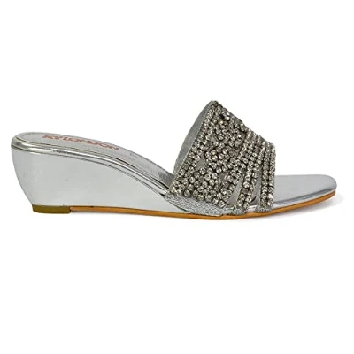 Image of Womens Wedge Slip On Diamante Sandals Ladies Low Heel Mule Slider Shoes Size 3 8 Silver