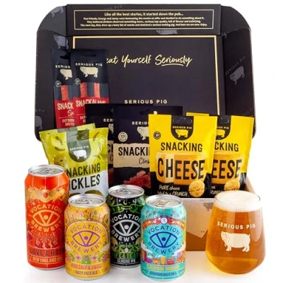 Image of Serious Pig + Vocation Brewery Craft Beer And Snacks Tasting Experience Gift Box With Professional Notes Glassware (12 Packs)