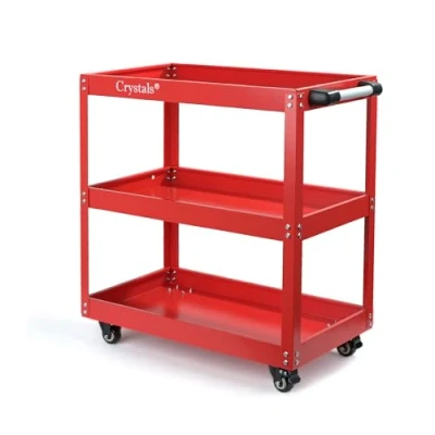 Image of Crystals 3 Tier Rolling Tool Trolley on Wheels, Heavy Duty Steel Mobile Storage Trolley, Service Cart with Handle and Lockable (75 Kg Load Capacity, 72cm x 35cm 65.5cm, Red)
