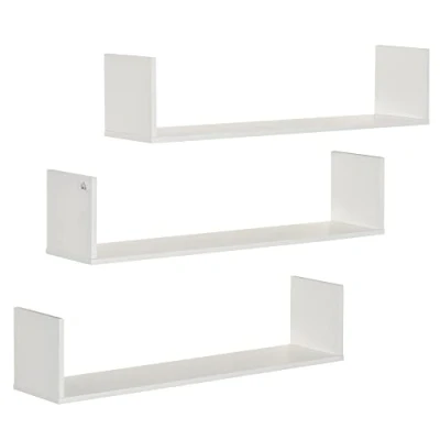 Image of HOMCOM Set of 3 Wooden U Shaped Floating Shelves Wall Mounted Hanging Bookshelf CD DVD Storage Display for Bedroom Living Room Kitchen, White