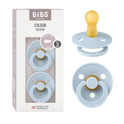 Image of BIBS Colour Soother 2 Pack, BPA Free Dummy Pacifier, Round Nipple. Natural Rubber Latex, Made in Denmark, Size (6 18 Months), Baby Blue