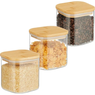 Image of Relaxdays Jars with Bamboo Lids, Set of 3, Square, 600 ml Each, Dry Food Storage, Glass, Transparent/Natural, 10,5 x 10 cm